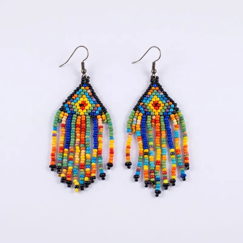 The same beaded earrings hanging side by side on a plain white background
