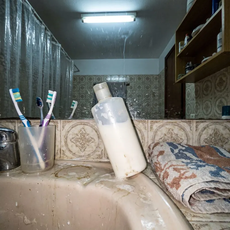 White cosmetic bottle lying on the edge of the bathroom sink, with a cup of toothbrushes and a towel around it