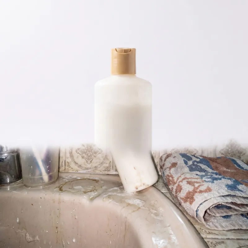 The same cosmetic bottle with the top background swapped for white, and the sink and towel still showing below