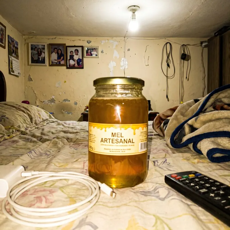 Handmade honey jar photographed with a phone on top of a bed, with a charger, TV remote and messy bedroom in the background
