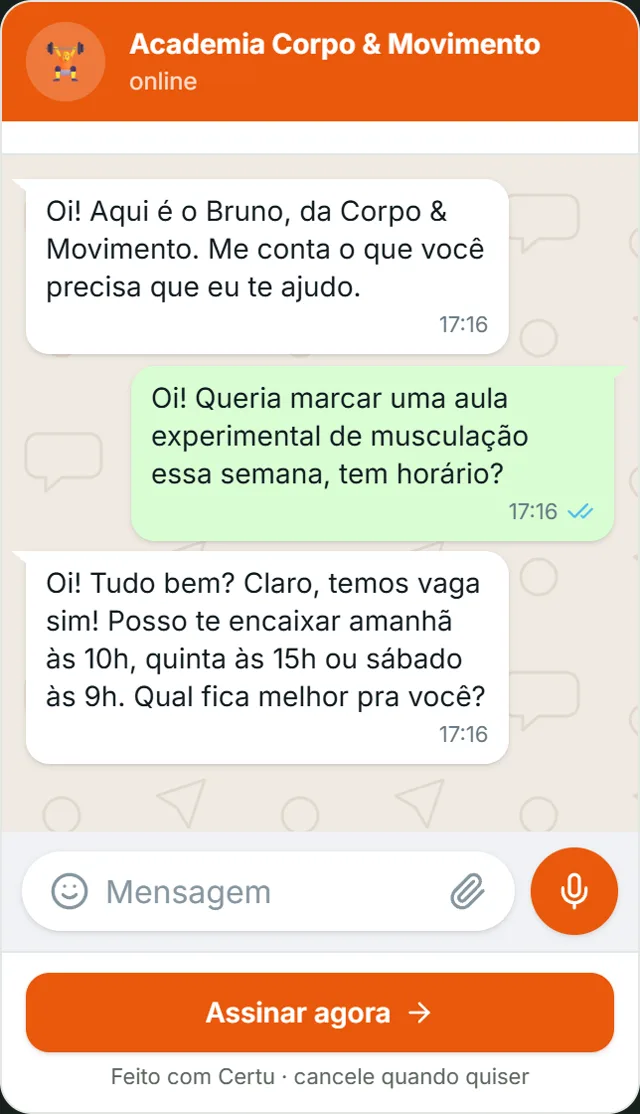 WhatsApp conversation with a demo gym: the person asks for a trial weight training class and the AI offers three times, tomorrow at 10 a.m., Thursday at 3 p.m. or Saturday at 9 a.m.