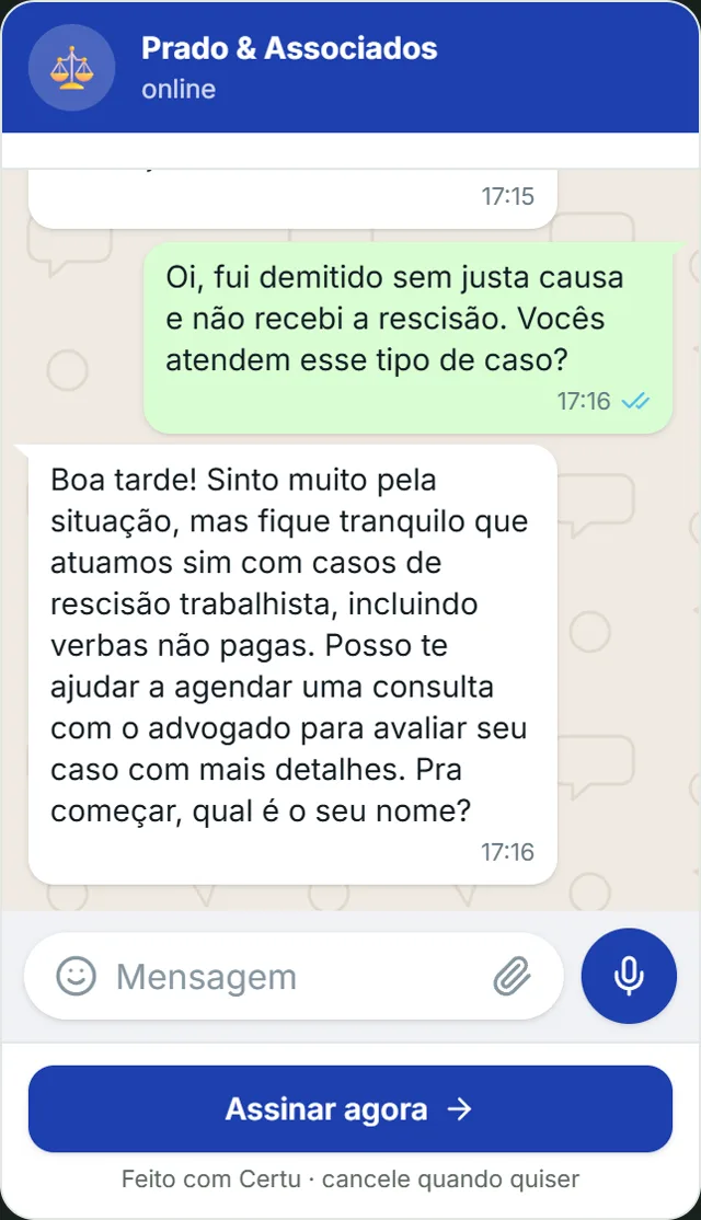 WhatsApp conversation with a demo law firm: the person says they were fired and didn't receive their severance, and the AI says the firm handles these cases and asks for a name to book the consultation