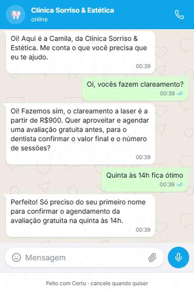 WhatsApp conversation with Clínica Sorriso & Estética, a demo company: the person asks if they do teeth whitening, the AI answers the price from R$ 900, the person asks for Thursday at 2 pm and the AI asks for a first name to confirm