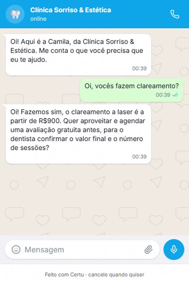 WhatsApp conversation with a demo clinic: the AI introduces itself, answers that it does laser teeth whitening from R$ 900, and offers a free evaluation, all at 12:39 a.m.