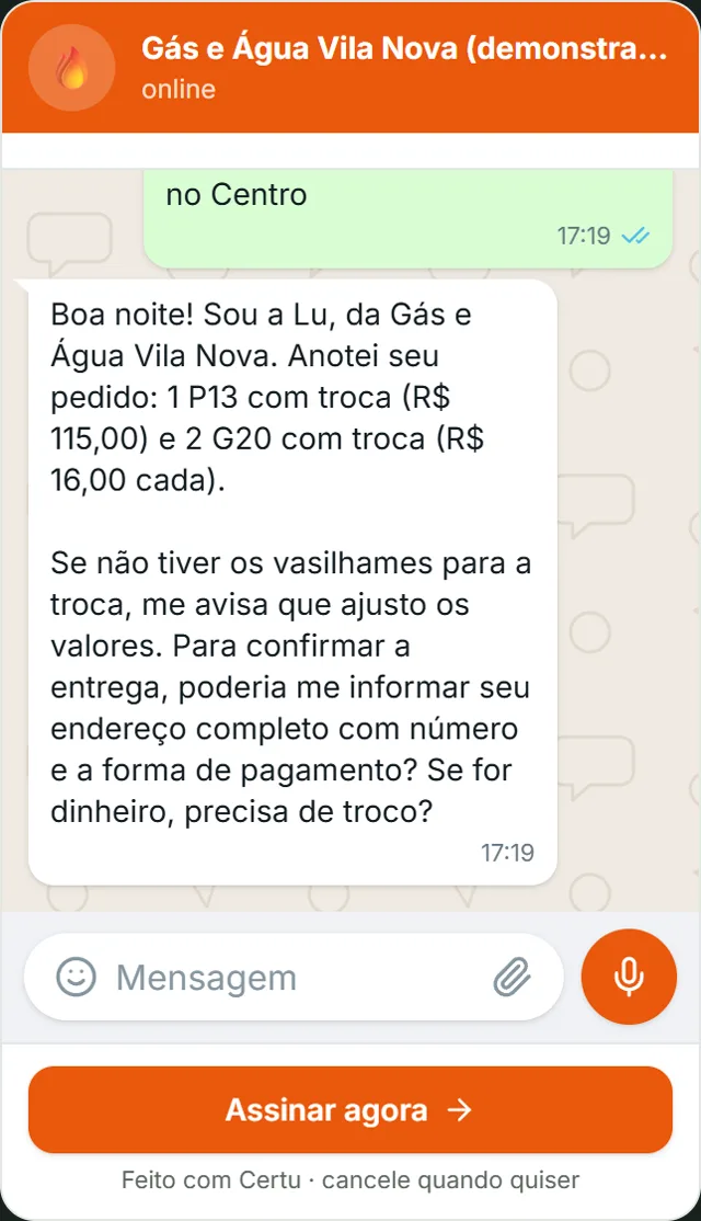 WhatsApp conversation with Gás e Água Vila Nova, a demo company: the customer writes the order in their own way and the AI replies with a P13 gas cylinder with exchange for R$ 115.00 and two G20 water jugs at R$ 16.00 each, and asks for the address and payment method