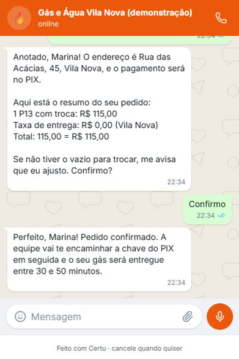 Atendente de IA anotando pedido de gás pelo WhatsApp