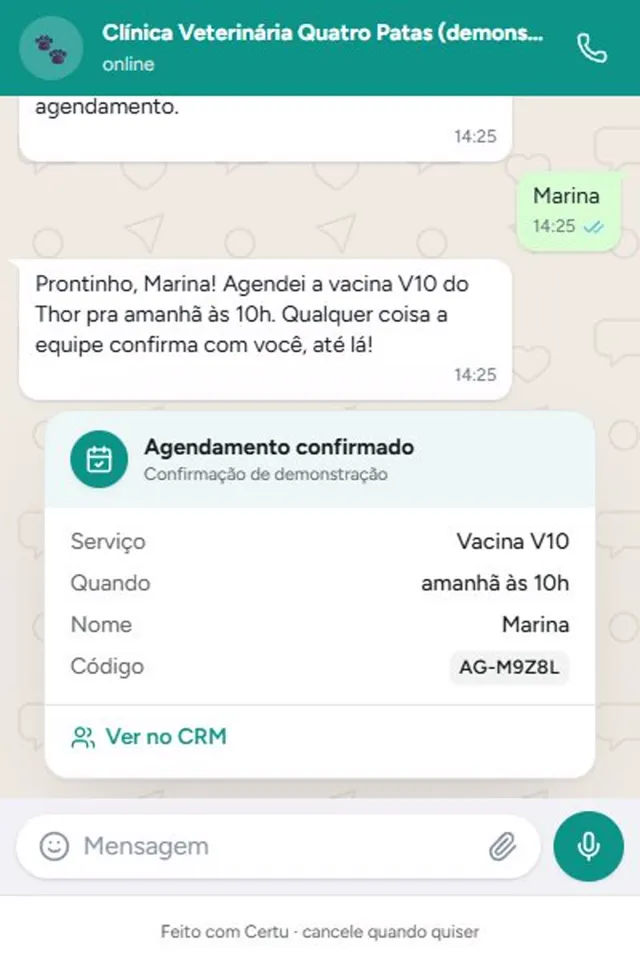 Atendente de IA respondendo tutor de clínica veterinária pelo WhatsApp