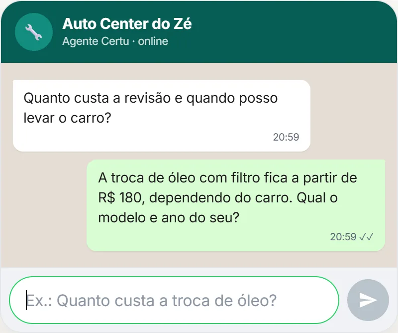 Screenshot of the CertuAI simulator: a repair shop's agent giving the price of a car service and asking for the car model. It is the same agent a business in Curitiba uses with the WhatsApp chatbot.